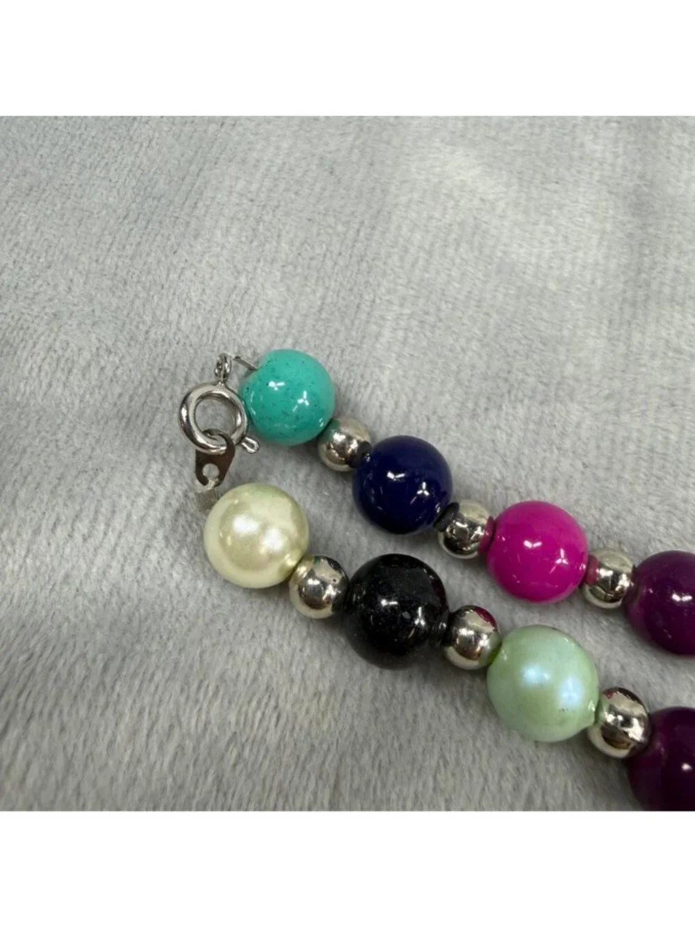 Multicolor Beaded Necklace Glossy Finish & Silver Accents 20 Inches Spring Clasp